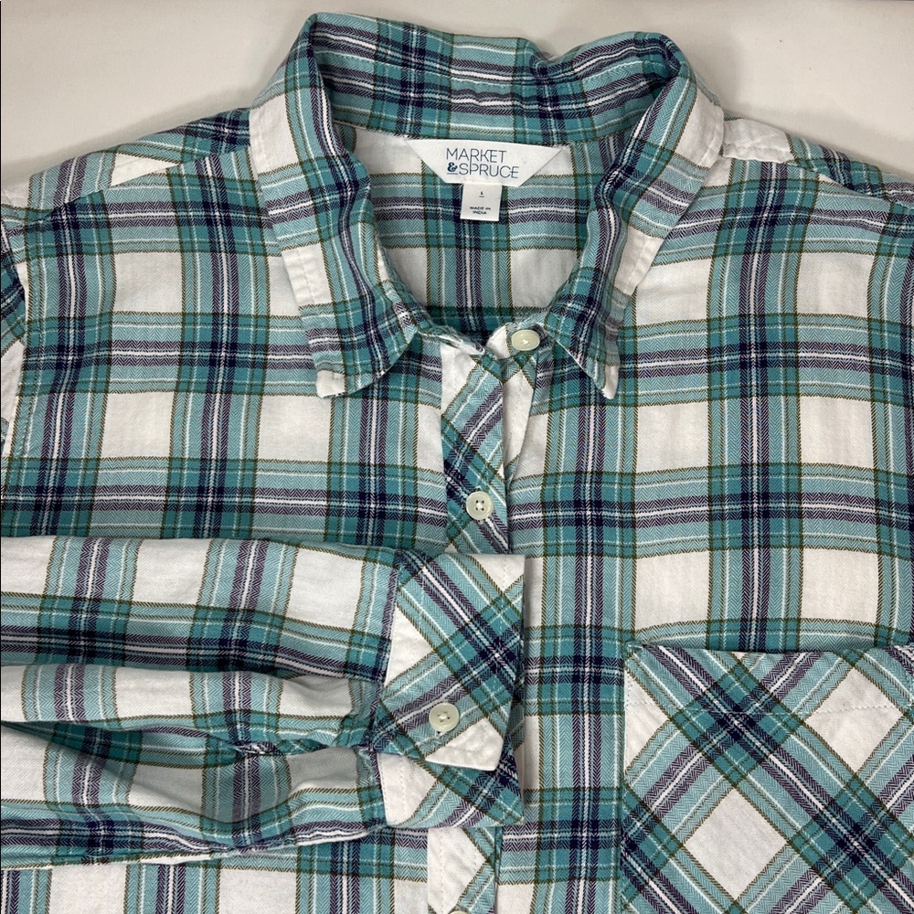 Market & Spruce Blue Plaid Flannel Type Shirt Size L